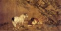 Lang leuchtende 2 Pferde unter Weidenschatten Chinesische Malerei